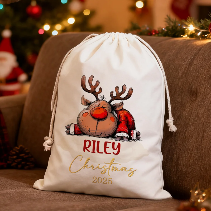 Personalized Cute Cartoon Elk Design Christmas Drawstring Gift Bag with Name Christmas Gift for Kids Family