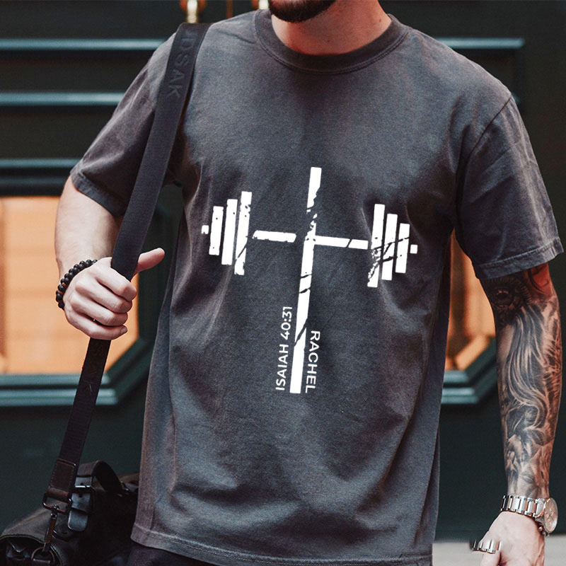 Personalized Christian Gym Cross Washed T-Shirt with Name Lift Heavy Pray Hard Shirt Faith Workout Top Jesus Fitness Apparel Religious Gift for Men