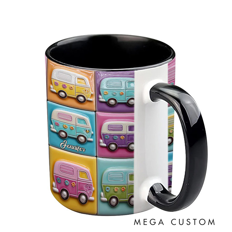 Personalized 2D Flat Hippie Caravans Mug Custom Name Colorful Hippie Car Hippie Coffee Mug Bohemian Coffee Mug