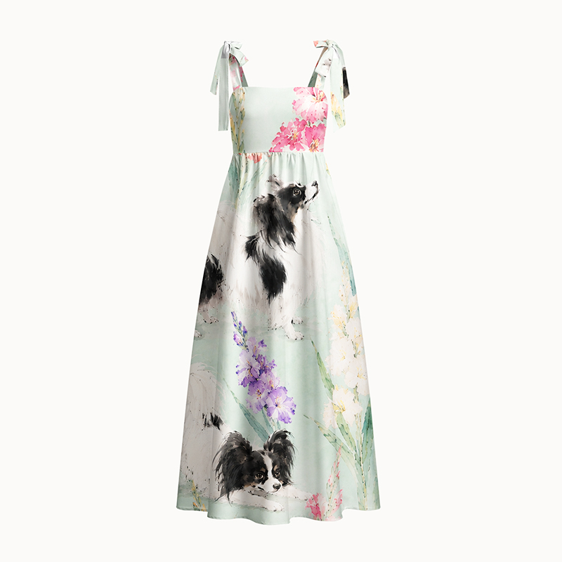 Personalized Floral Maxi Dress Watercolor Print with Custom Birth Flower and Pet Gift for Flowers and Pet Lovers