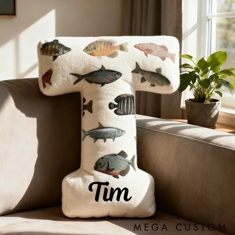 Personalized Fish Themed Letter Pillow Funny Fishing Pillow Custom Name with Colorful Fish Design Graphic 3D Print Perfect Gift for Fishing Enthusiasts and Kids