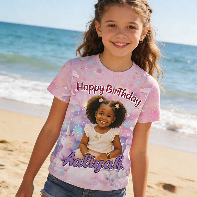 Personalized Princess Castle Birthday All-Over Print T-Shirt Custom Photo and Name Kids Birthday Gift for Little Princess
