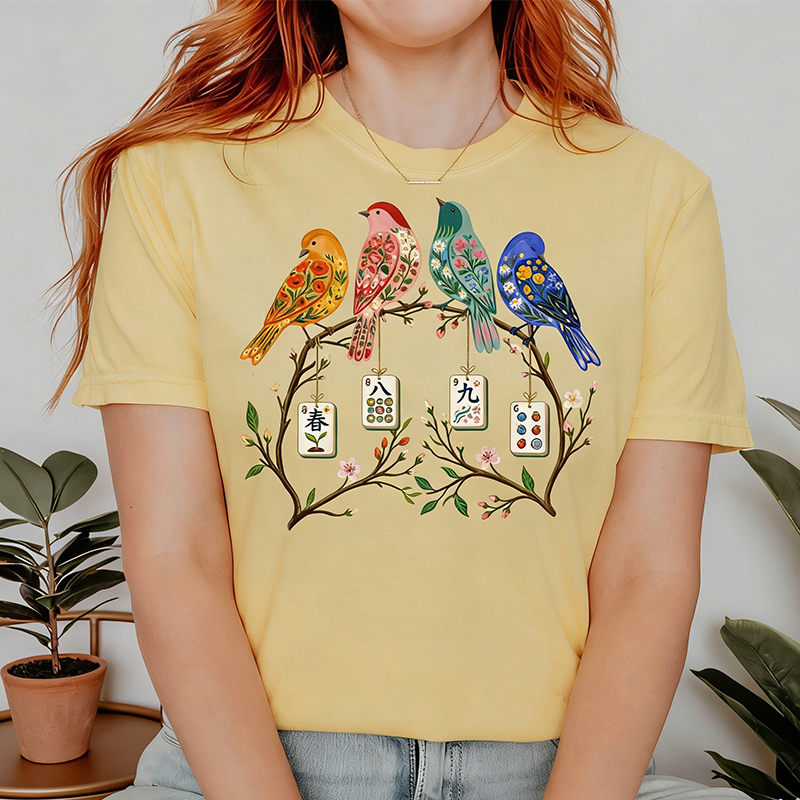 Mahjong Bird on Tile Branch T-Shirt Spring Mahjong Shirt Girls Night Game Mahjong Love Spring Mahjong Bird Shirt Mother's Day Gift for Mahjong Lover Mama