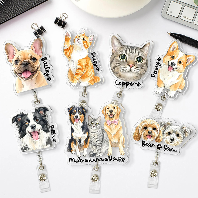Personalized Pet Watercolor Badge Reel from Photo Hand Drawn Dog Cat ID Holder Nurse Gift Vet Tech Name Tag Clip