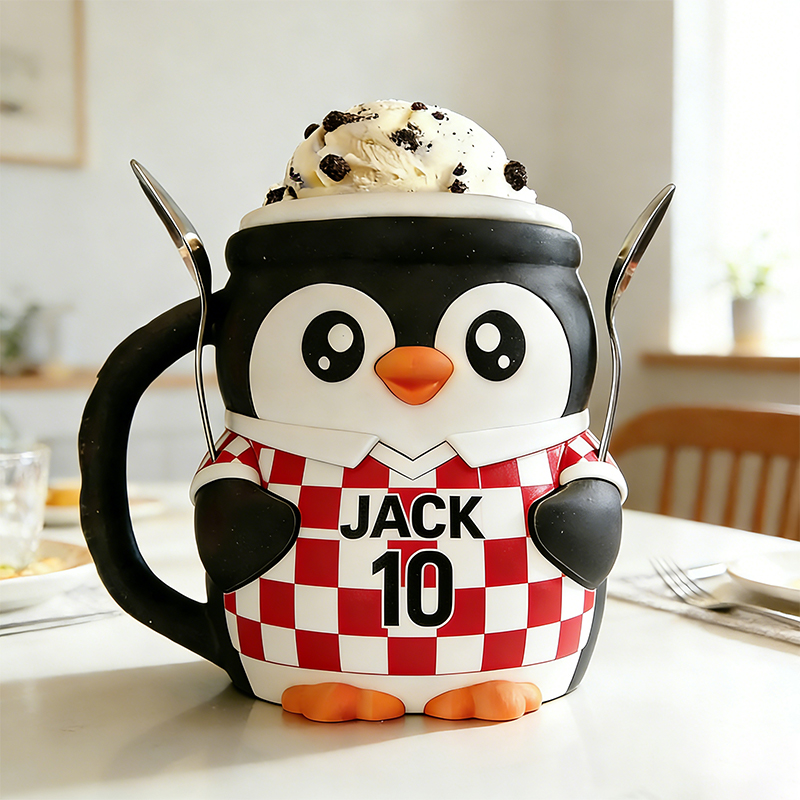Personalized Soccer World Cup Penguin Ice Cream Pint Holder 3D Printed with Spoon Slots & Snack Drawer with Custom Details for Soccer Fans