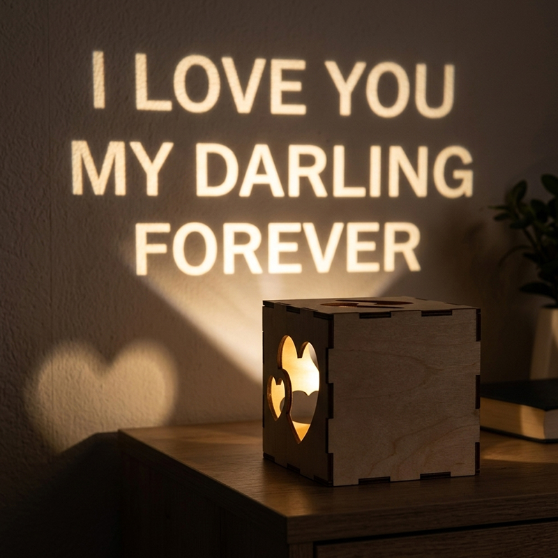 Personalized Mothers Day Gift Heart Cutout Wooden Night Light Custom Text Projection Lamp for Mom