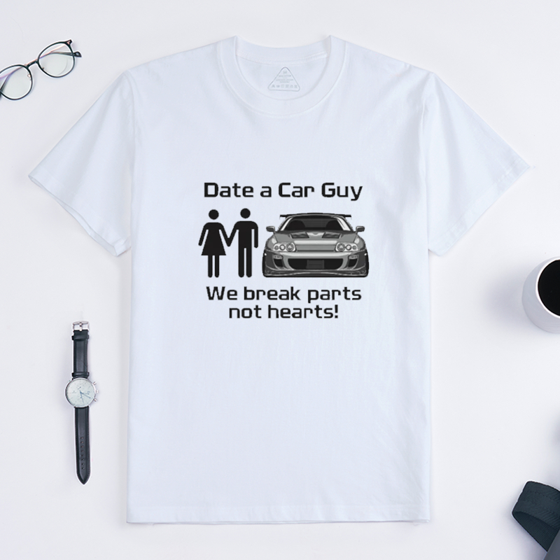 Funny Date A Car Guy We Break Parts Not Hearts Quote Crew Neck Tee for JDM Sports Car Lovers & Gearhead Enthusiasts