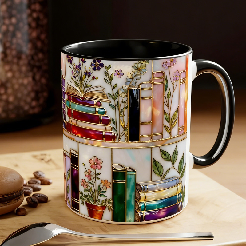 Personalized Stained-Glass Style Floral Bookshelf Mug Custom Book Accent Mug with Name Bookworm Coffee Cup for Reader Book Lover Librarian Gift