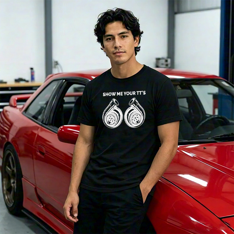 Funny Show Me Your TT's Twin Turbo Car Tuning Crew Neck Short Sleeve Tee for Turbo Automotive Enthusiast Gearheads