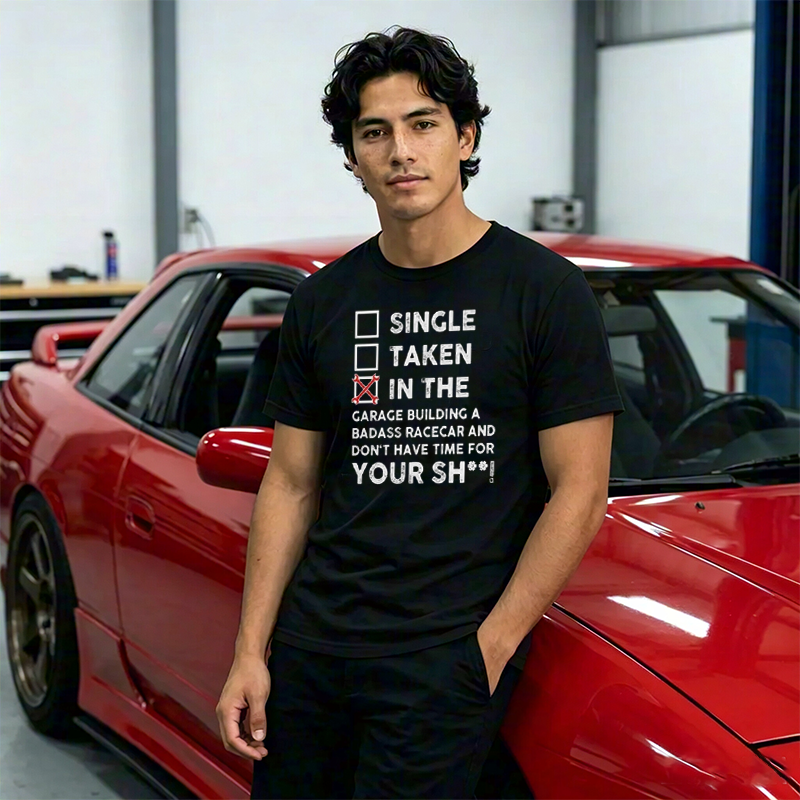 Funny Relationship Status Garage Race Car Builder Crew Neck Tee for Grease Monkey Mechanic Car Modding Enthusiasts