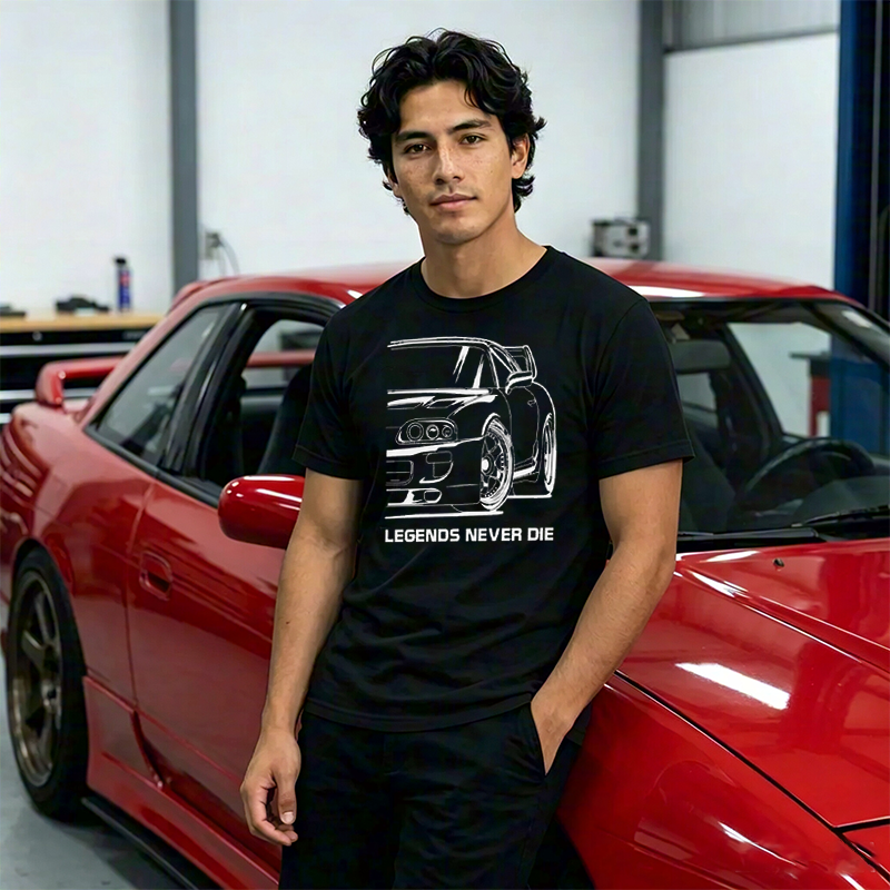 Legends Never Die Classic JDM Sports Car Crew Neck Short Sleeve T-Shirt for Retro Import Car Fans & Automotive Gearheads
