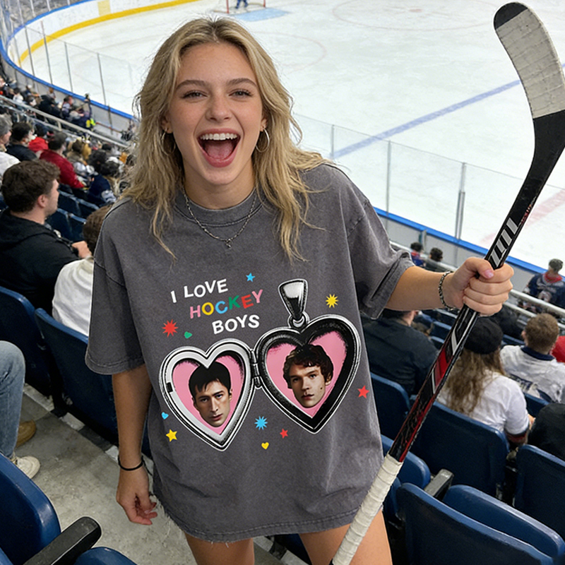 Personalized Hockey Washed T-Shirt with “I Love Hockey Boys” Heart Design for Stylish Hockey Fans