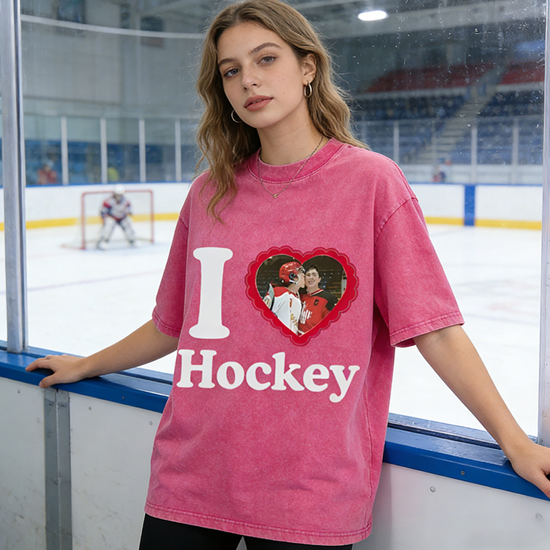 Personalized I Love Hockey Washed T-Shirt, Custom Player Photo Heart Graphic Tee for Ice Hockey Fans