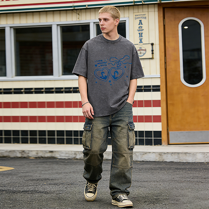 Personalized I Love Hockey Boys Washed T-Shirt Bow and Heart Graphic Top for Fandom Fans