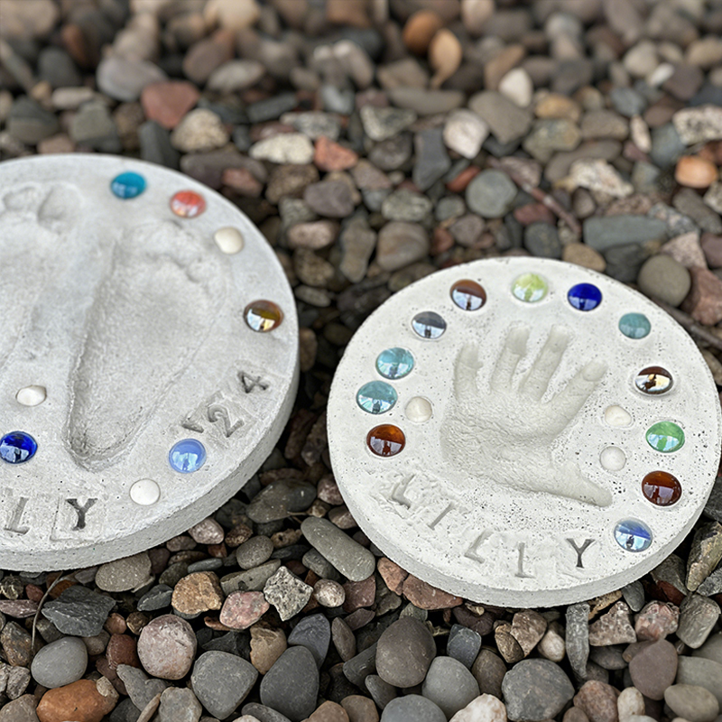 Personalized DIY Stepping Stone Kit Custom Handprint  Footprint Keepsake with Gems and Easy Mixing Cement