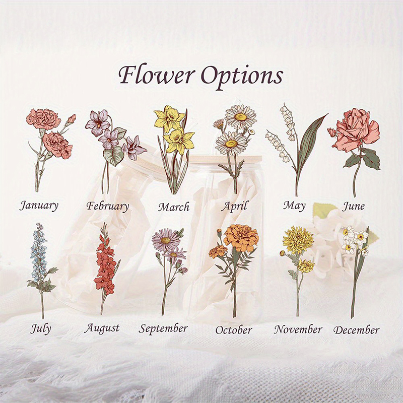 Personalized Birth Flower Glass Tumbler with Straw Custom Mother's Day Gift for Mom Bridesmaid Proposal, Party Favor, Gifts for Her