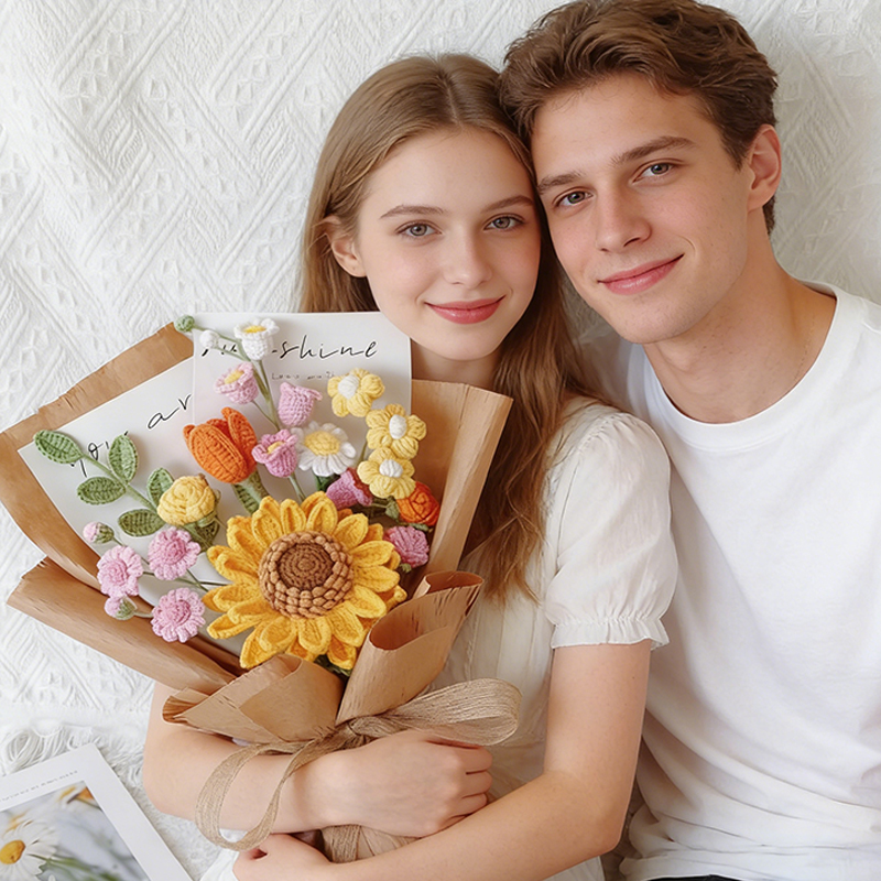 Personalized Handmade Crochet Sunflower Bouquet Knitted Floral Gift for Her Eternal Flower Arrangement Wedding Decor Mother’s Day
