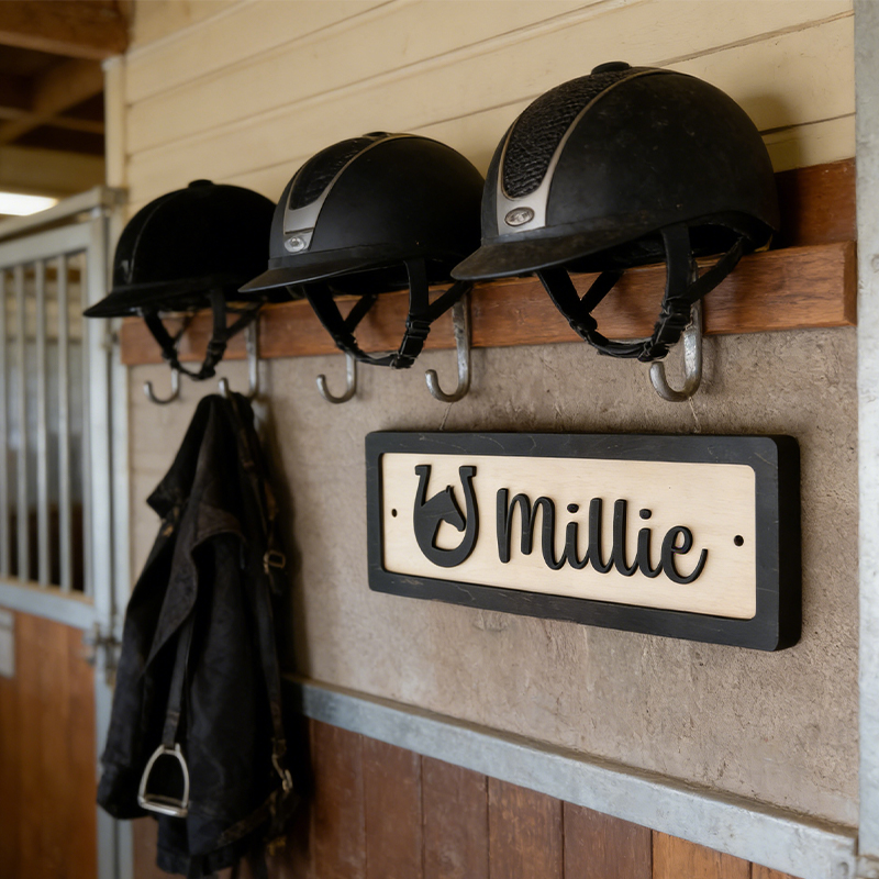 Personalized Horse Stall Name Sign Custom Wooden Stable Sign with Horseshoe and Horse Head for Equestrian Lovers