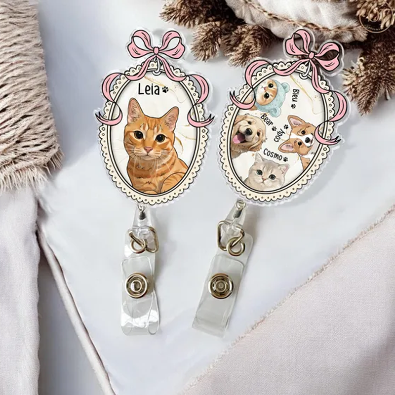 Personalized Dog Watercolor Photo Badge Reel Custom Pet Portrait Photo Badge Reel Nurse Badge Reel Retractable Badge Holder 