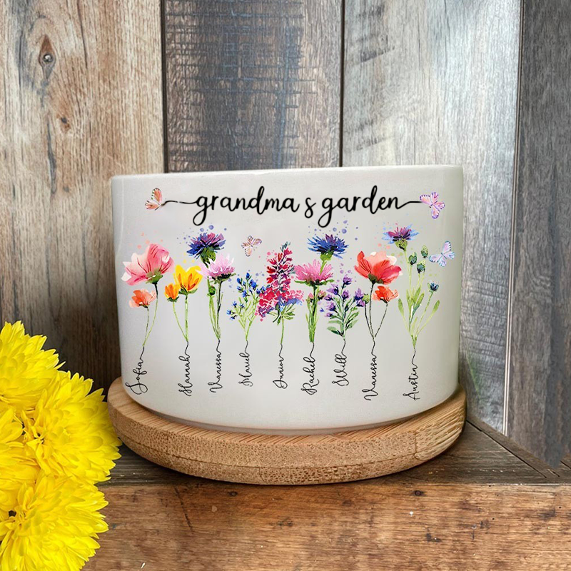 Personalised Grandma's Garden Birth Flower Pot with Grandkids Name for Grandma Mom Gift Ideas
