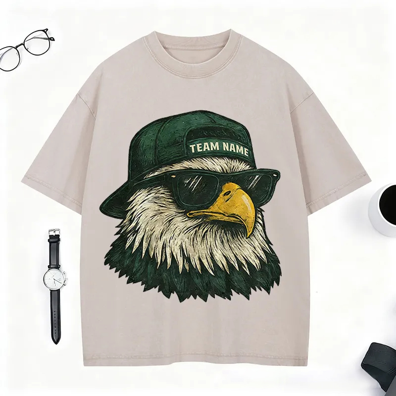 Personalized Football Mascot Washed T-Shirt with Cool Eagle Design and Custom Team Name