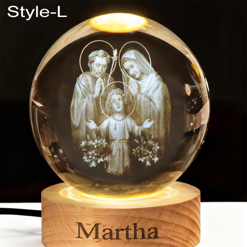Personalized Cross 3D Engraved Crystal Ball Night Light With Custom Text in Wooden Base Home Decor Jesus Night Lamp Religious Gift Christmas Gift