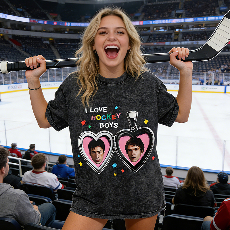 Personalized Hockey Washed T-Shirt with “I Love Hockey Boys” Heart Design for Stylish Hockey Fans