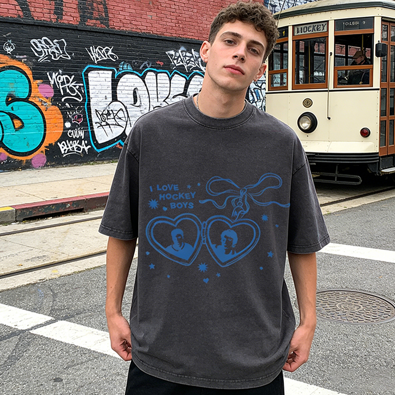 Personalized I Love Hockey Boys Washed T-Shirt Bow and Heart Graphic Top for Fandom Fans
