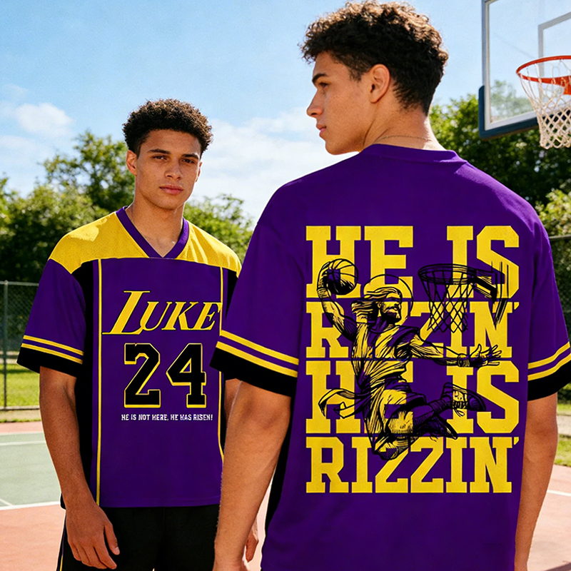 Personalized "He Is Rizzin'" Purple Mesh Basketball Jersey Custom Faith and Hoop Style for Christian Athletes