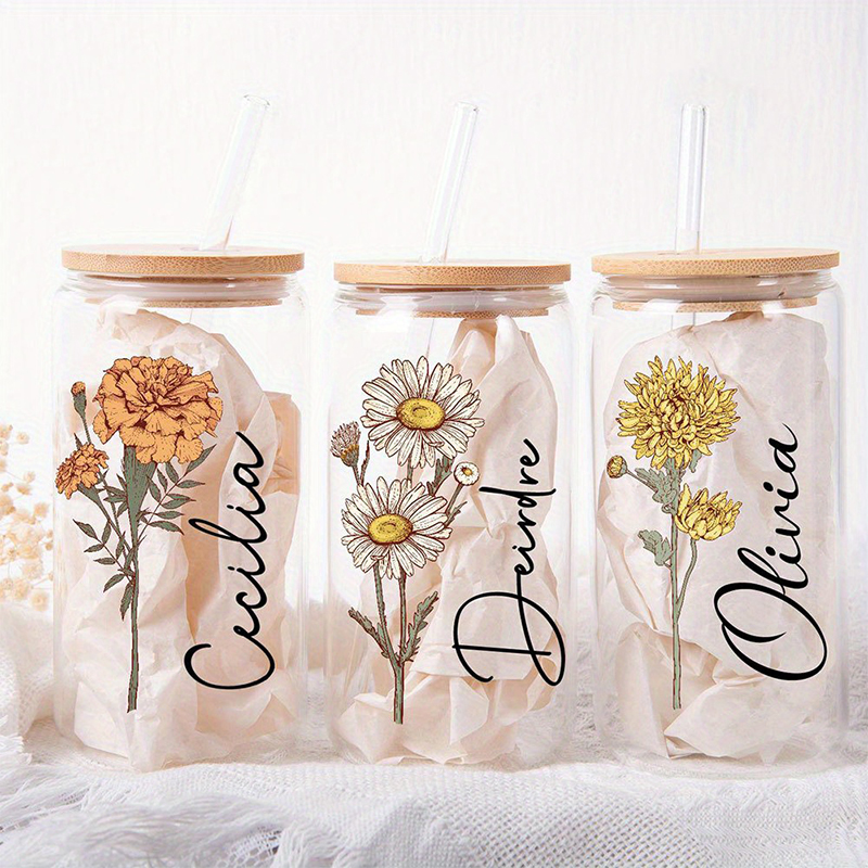 Personalized Birth Flower Glass Tumbler with Straw Custom Mother's Day Gift for Mom Bridesmaid Proposal, Party Favor, Gifts for Her