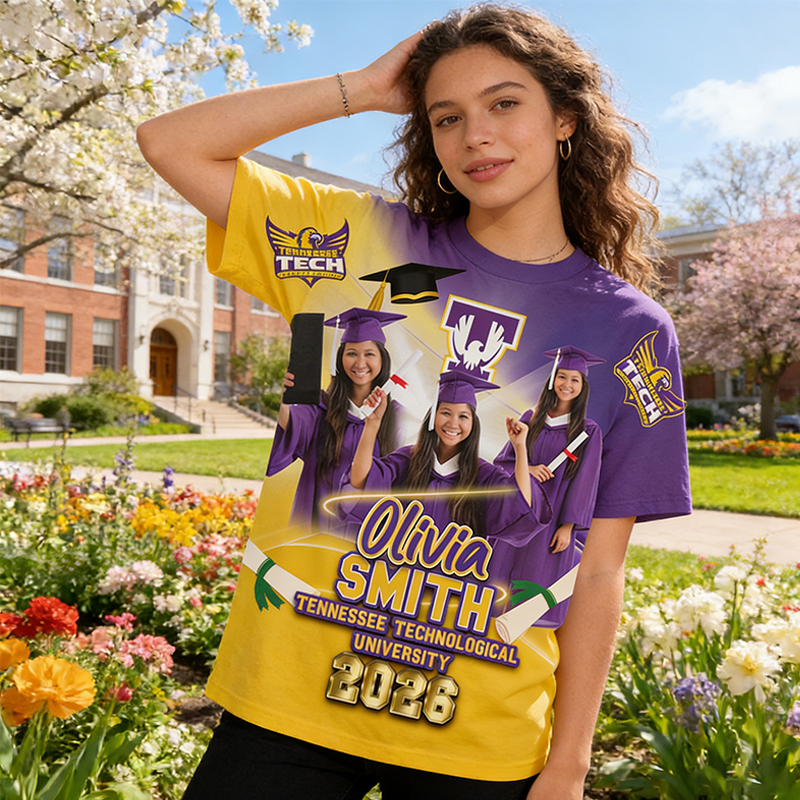 Personalized All Over Print Graduation T-Shirt Custom Photo Name School Commemorative Outfit for Class of 2026
