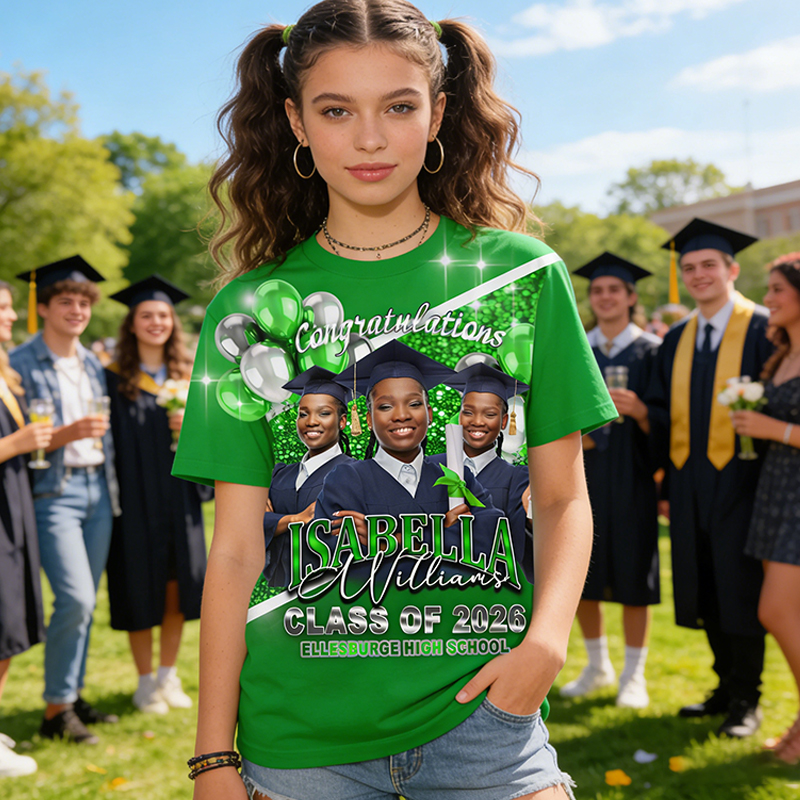 Personalized All Over Print Congratulations Grad Photo T-Shirt Custom School Name and Graduate Name Class of 2026 Shirt