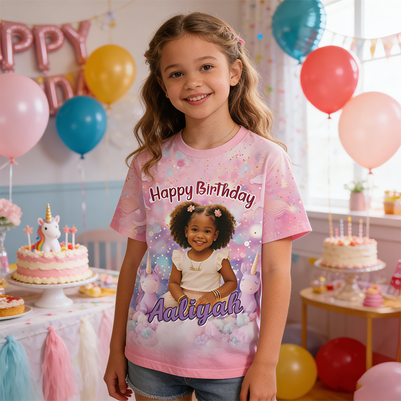 Personalized Princess Castle Birthday All-Over Print T-Shirt Custom Photo and Name Kids Birthday Gift for Little Princess