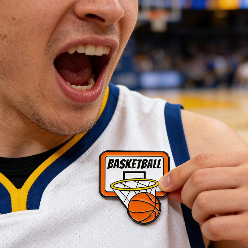 Personalized Basketball Themed Pins Featuring Basketball Hoops and Crowns