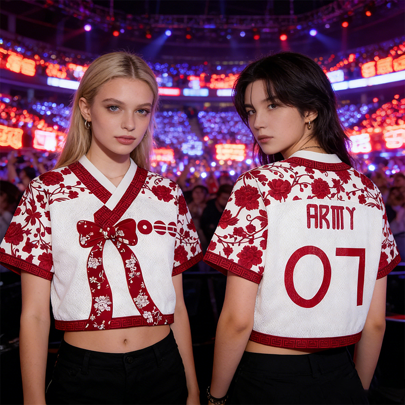 Personalized K-Pop Fan Jersey Red Floral Hanbok Style Mesh Crop Jersey Concert Jersey for Fans