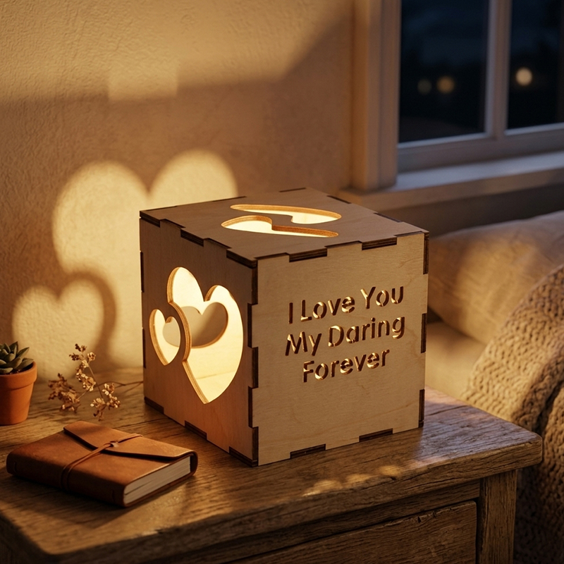 Personalized Mothers Day Gift Heart Cutout Wooden Night Light Custom Text Projection Lamp for Mom