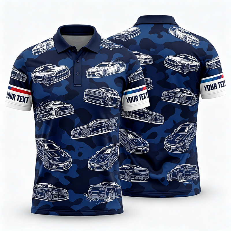 Personalized Navy Camo Sports Car Sketch Racing Polo Shirt Custom Text Double Sided Muscle Car Lover Performance Polo