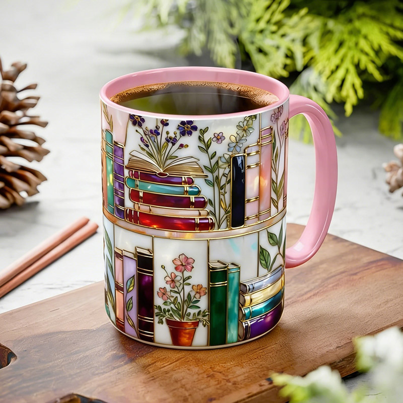 Personalized Stained-Glass Style Floral Bookshelf Mug Custom Book Accent Mug with Name Bookworm Coffee Cup for Reader Book Lover Librarian Gift