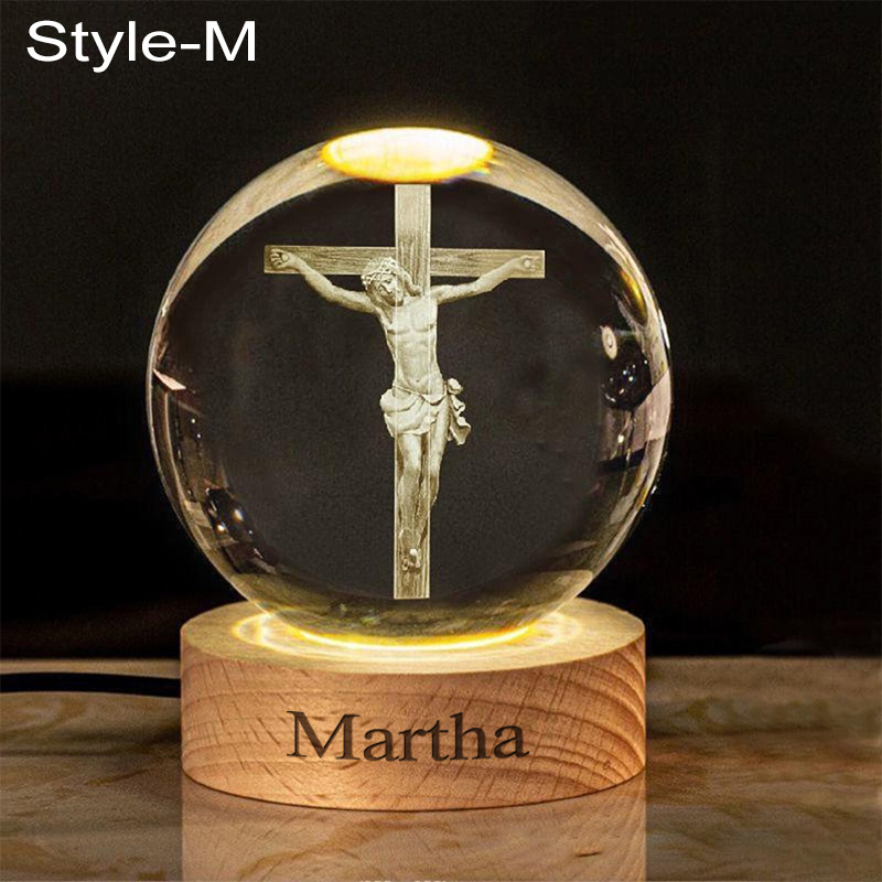 Personalized Cross 3D Engraved Crystal Ball Night Light With Custom Text in Wooden Base Home Decor Jesus Night Lamp Religious Gift Christmas Gift