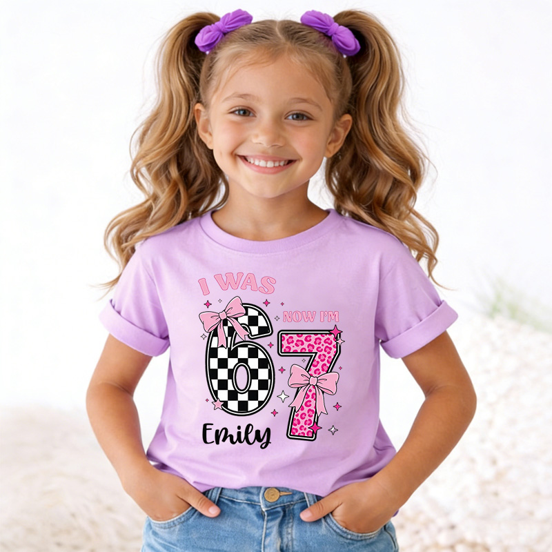 I Was 6 Now I'm 7 Girls Birthday Shirt with Name Funny 7th Turning Seven Meme Birthday Gift for Kids