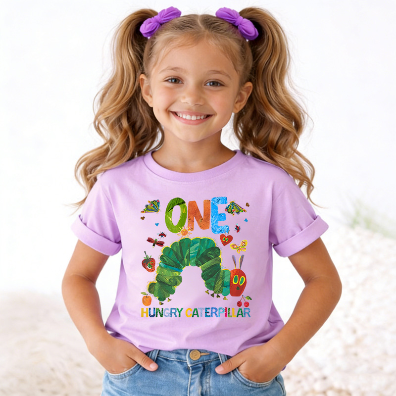 Personalized Colorful Name Age Print Cute Baby Outfit Fun Celebration Party Outfit Soft Cotton Toddler Tee Personalized Hungry Caterpillar First Birthday Shirt