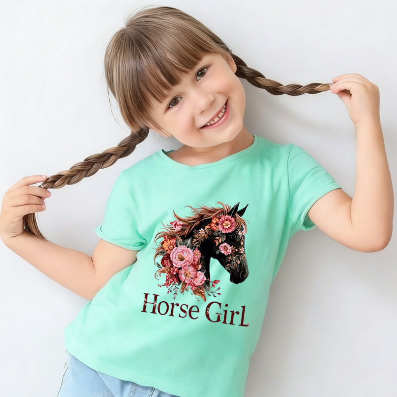 Personalized Horse Kid Equestrian Lover Gift For Kids Cute Floral Pony Riding Outfit Birthday Present Kid's T-Shirt