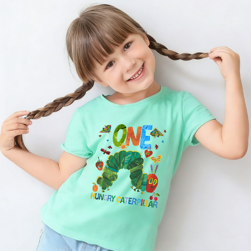 Personalized Colorful Name Age Print Cute Baby Outfit Fun Celebration Party Outfit Soft Cotton Toddler Tee Personalized Hungry Caterpillar First Birthday Shirt