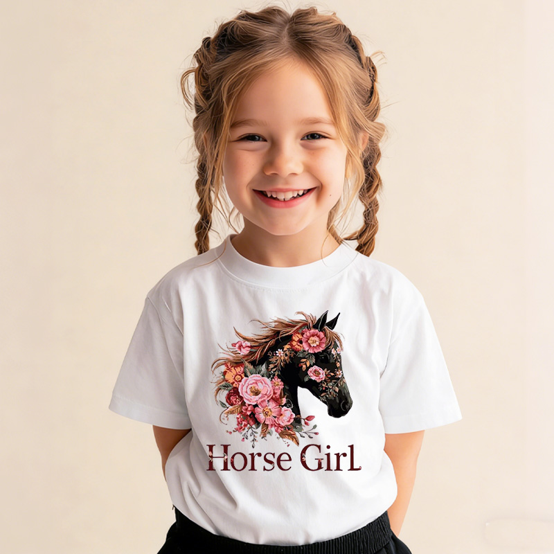 Personalized Horse Kid Equestrian Lover Gift For Kids Cute Floral Pony Riding Outfit Birthday Present Kid's T-Shirt