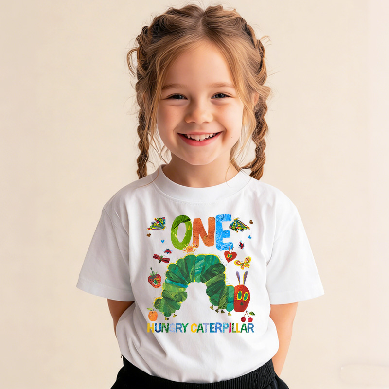 Personalized Colorful Name Age Print Cute Baby Outfit Fun Celebration Party Outfit Soft Cotton Toddler Tee Personalized Hungry Caterpillar First Birthday Shirt