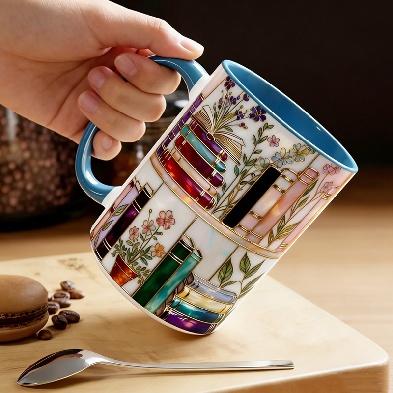 Personalized Stained-Glass Style Floral Bookshelf Mug Custom Book Accent Mug with Name Bookworm Coffee Cup for Reader Book Lover Librarian Gift