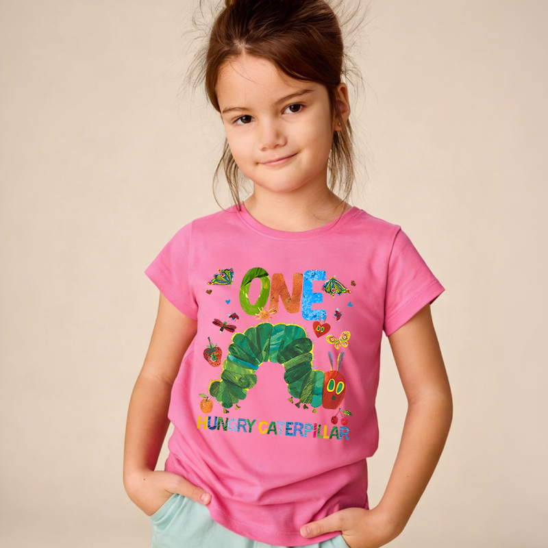 Personalized Colorful Name Age Print Cute Baby Outfit Fun Celebration Party Outfit Soft Cotton Toddler Tee Personalized Hungry Caterpillar First Birthday Shirt