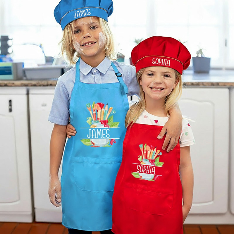 Personalized Watercolor Set Kids Art Apron Art Party Apron Chef Hat Set with Name Cooking Handcraft Activities Birthday Holiday Gift for Kids