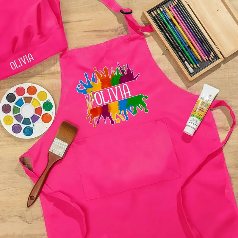 Personalized Vibrant Paint Splash Kids Art Apron Art Party Apron Chef Hat Set with Name Cooking Handcraft Activities Birthday Holiday Gift for Kids
