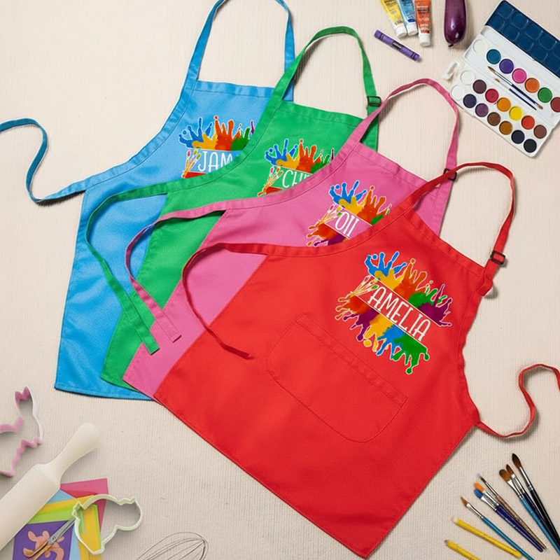 Personalized Vibrant Paint Splash Kids Art Apron Art Party Apron Chef Hat Set with Name Cooking Handcraft Activities Birthday Holiday Gift for Kids